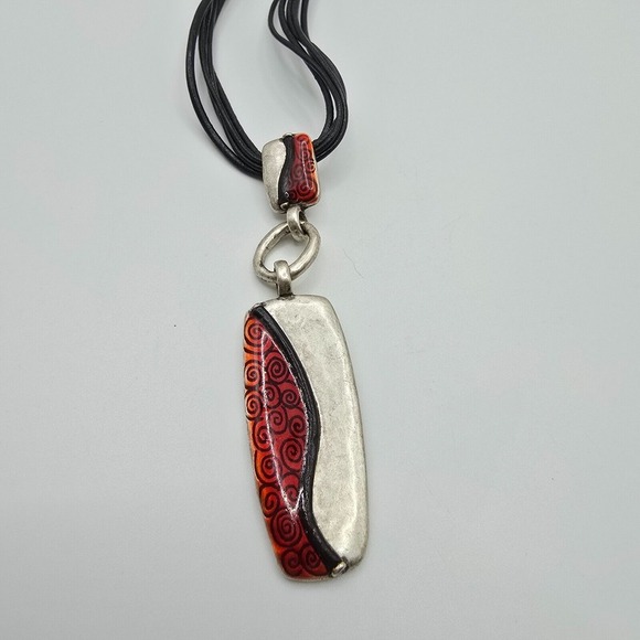 Chicos Red and Silver Pendant Necklace Spiral Pattern - Picture 3 of 9